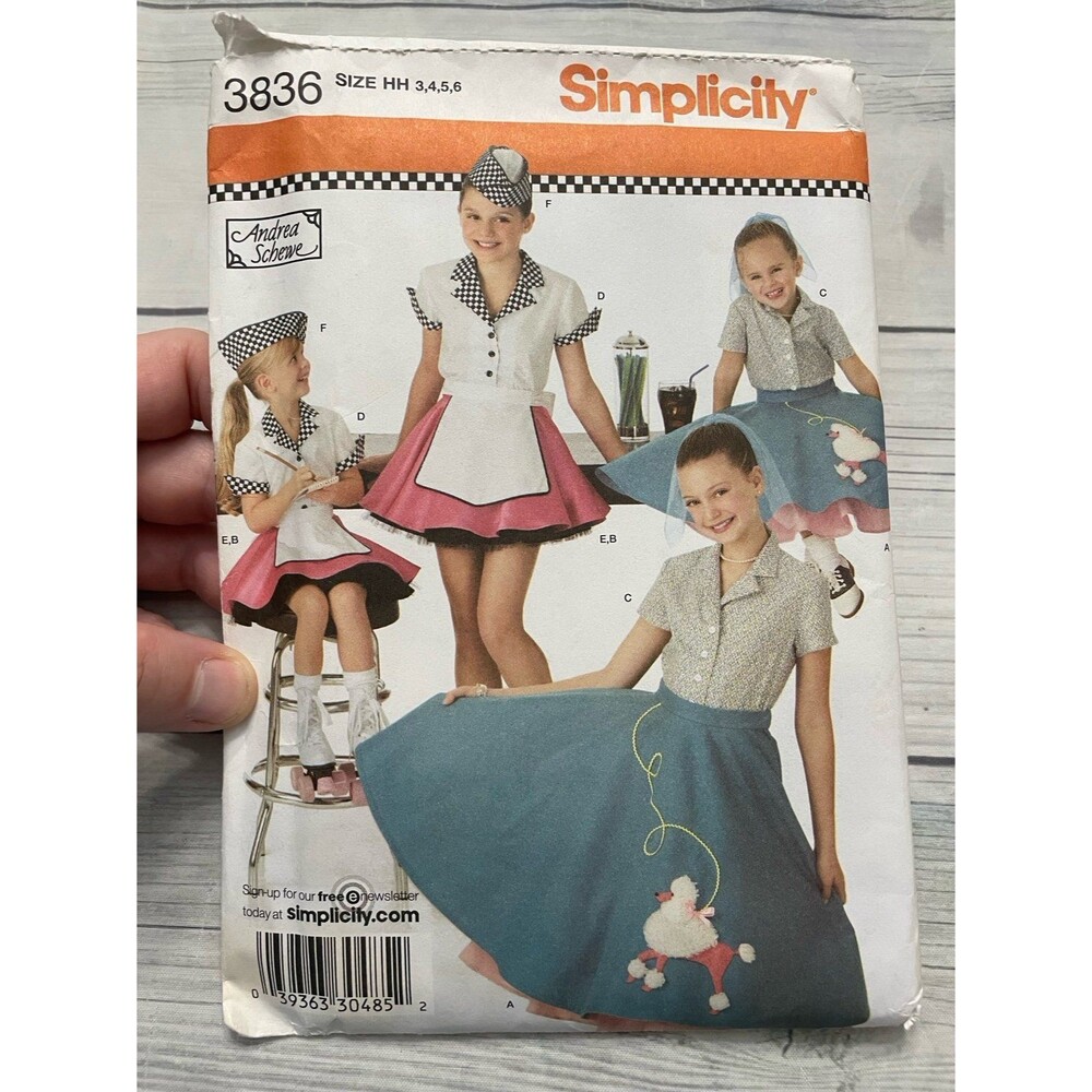 Simplicity 3836 Sewing Pattern, Poodle Skirt & Diner Costumes & Hat, Size H